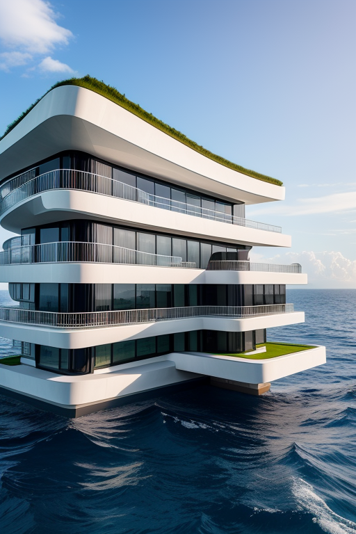 , Villa, designed by Zaha Hadid, Brutalist Architecture, afternoon, in the ocean