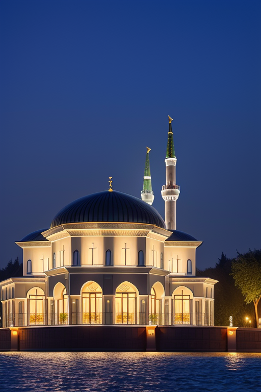 , Mansion, designed by Renzo Piano, night time, Islamic architecture, in Moscow, in Istanbul, on the beach