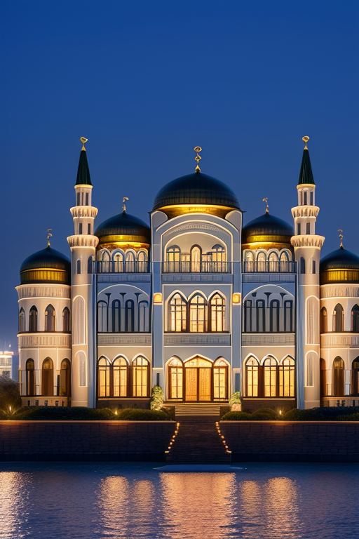 , Mansion, designed by Renzo Piano, night time, Islamic architecture, in Moscow, in Istanbul, on the beach