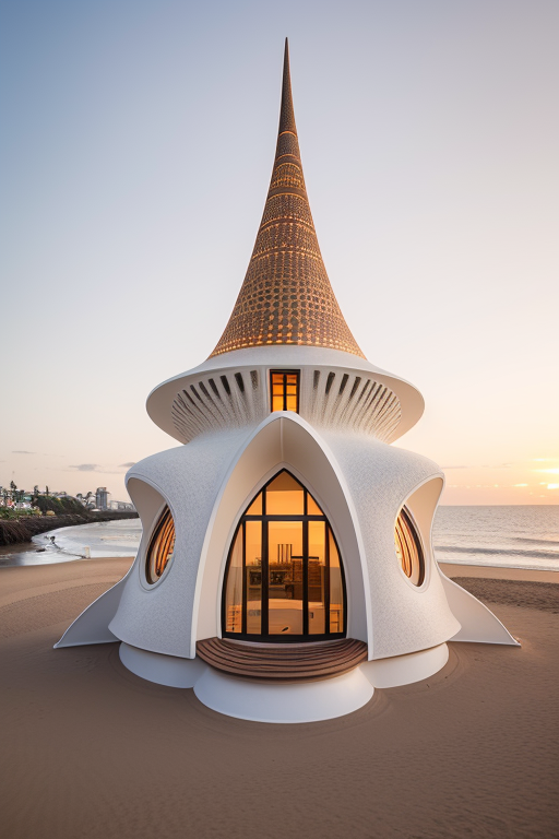 Brownstone, designed by Norman Foster, Afro Futurism architecture, cone shaped, made from white stone, sunset, on the beach, Ultra hd! editorial, iso 400, 8k, full frame, landscape