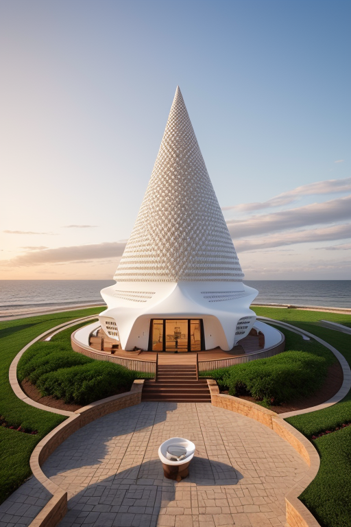 Brownstone, designed by Norman Foster, Afro Futurism architecture, cone shaped, made from white stone, sunset, on the beach, Ultra hd! editorial, iso 400, 8k, full frame, landscape
