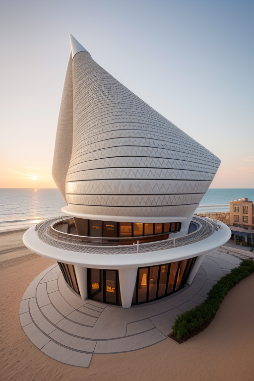 Brownstone, designed by Norman Foster, Afro Futurism architecture, cone shaped, made from white stone, sunset, on the beach, Ultra hd! editorial, iso 400, 8k, full frame, landscape