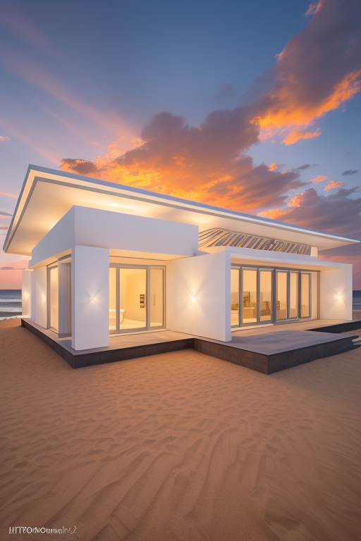 Brownstone, designed by Norman Foster, Afro Futurism architecture, cone shaped, made from white stone, sunset, on the beach, Ultra hd! editorial, iso 400, 8k, full frame, landscape