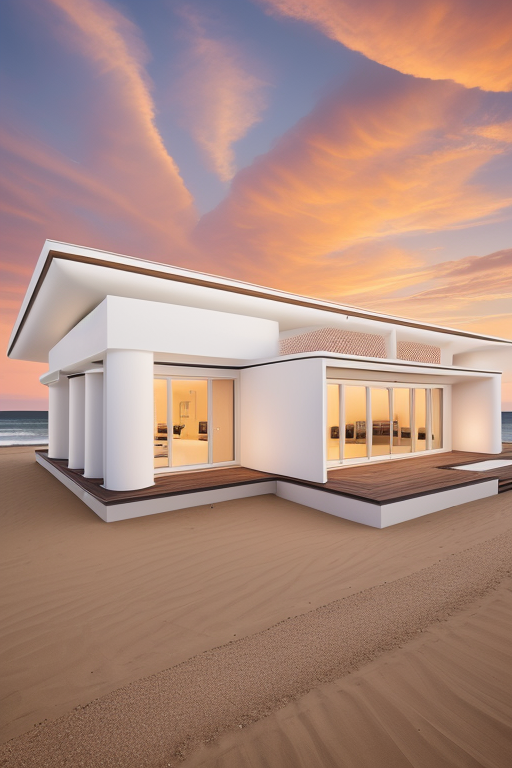 Brownstone, designed by Norman Foster, Afro Futurism architecture, cone shaped, made from white stone, sunset, on the beach, Ultra hd! editorial, iso 400, 8k, full frame, landscape