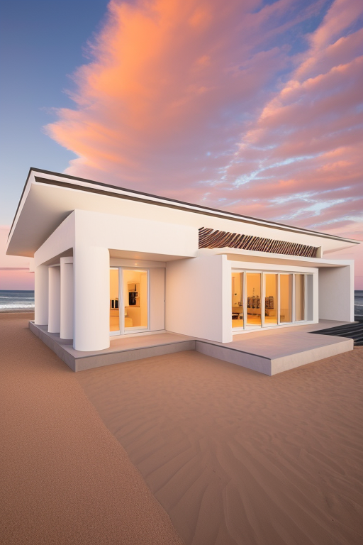 Brownstone, designed by Norman Foster, Afro Futurism architecture, cone shaped, made from white stone, sunset, on the beach, Ultra hd! editorial, iso 400, 8k, full frame, landscape