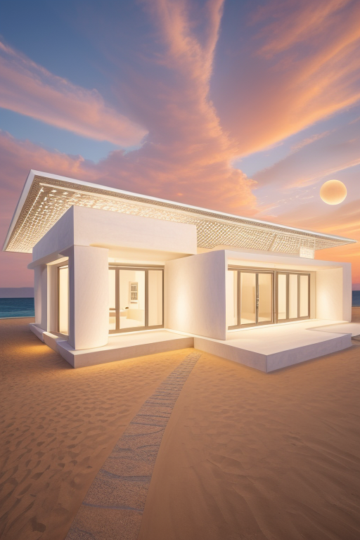Brownstone, designed by Norman Foster, Afro Futurism architecture, cone shaped, made from white stone, sunset, on the beach, Ultra hd! editorial, iso 400, 8k, full frame, landscape