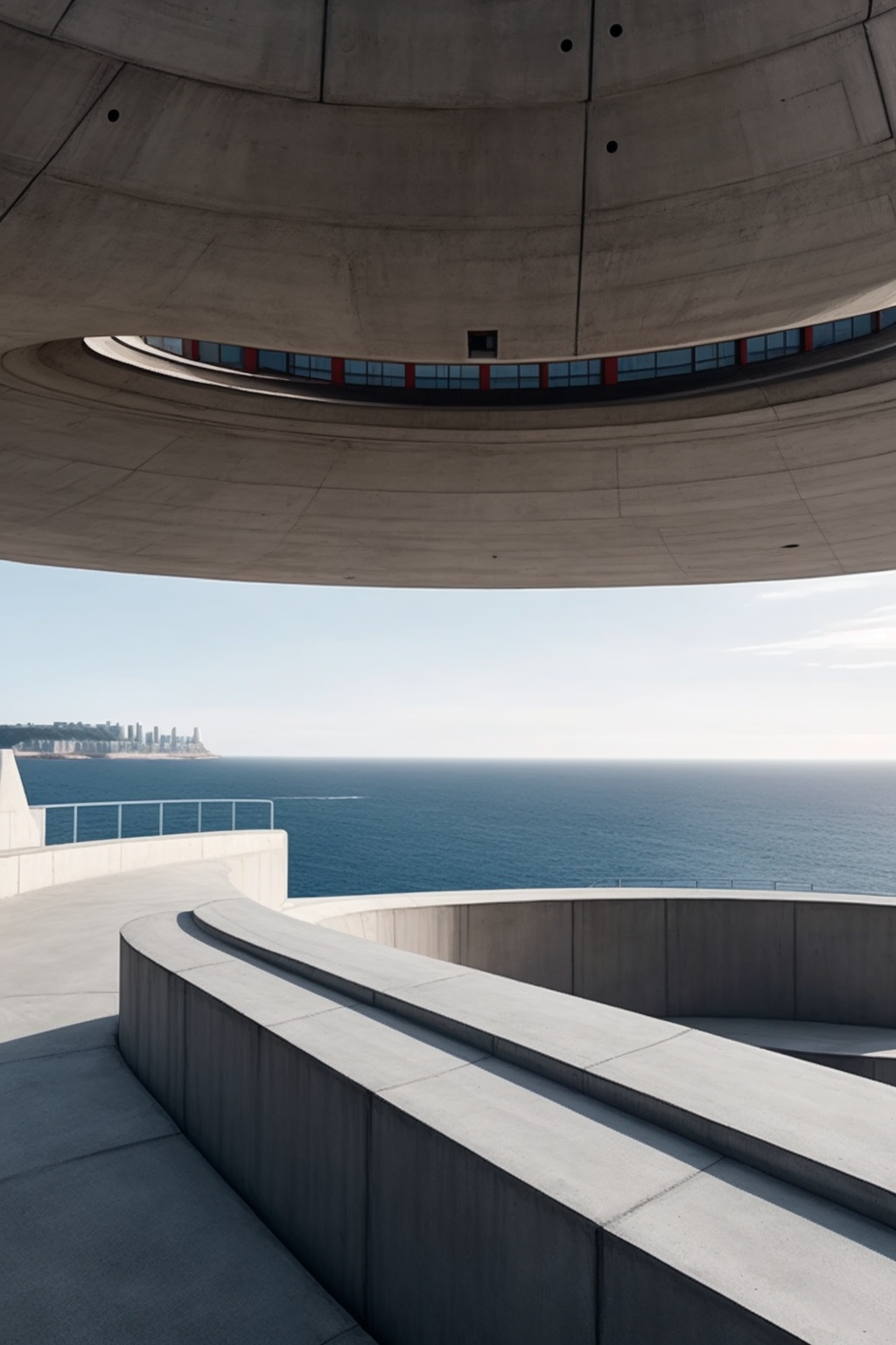 saucer shaped building, Futurist brutalism, soviet, constructivist, concrete, by the sea, on cliffs