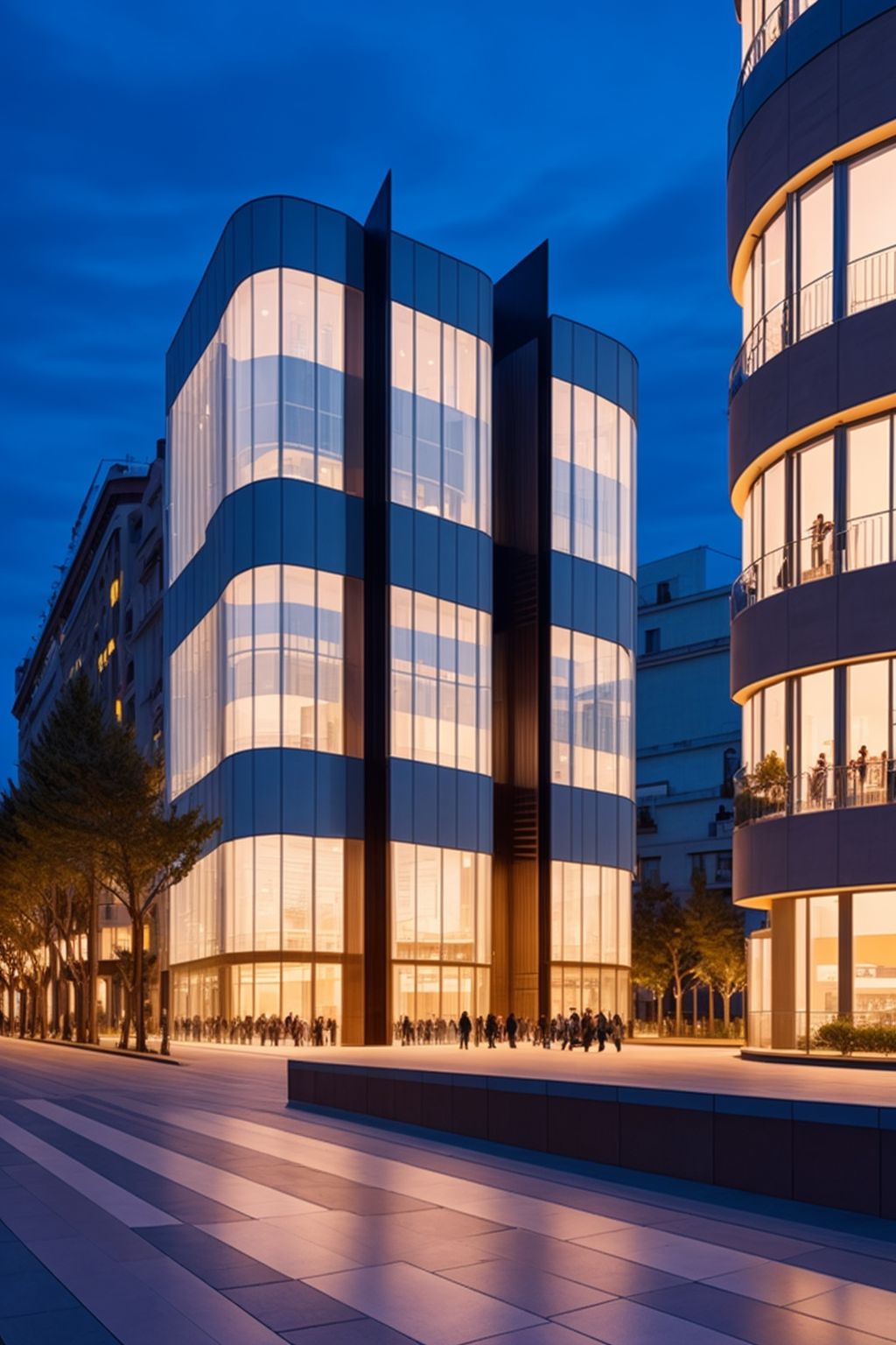 , designed by Renzo Piano, Constructivism Architecture, night time, in Barcelona