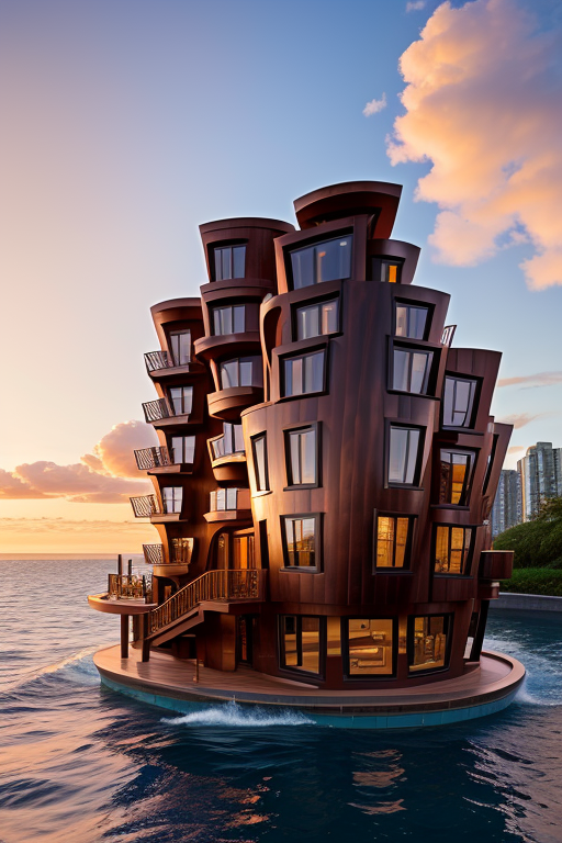 , Brownstone, designed by Frank Gehry, Neofuturist Architecture, sunset, in the ocean