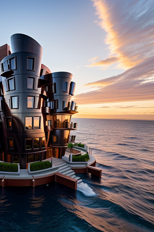 , Brownstone, designed by Frank Gehry, Neofuturist Architecture, sunset, in the ocean