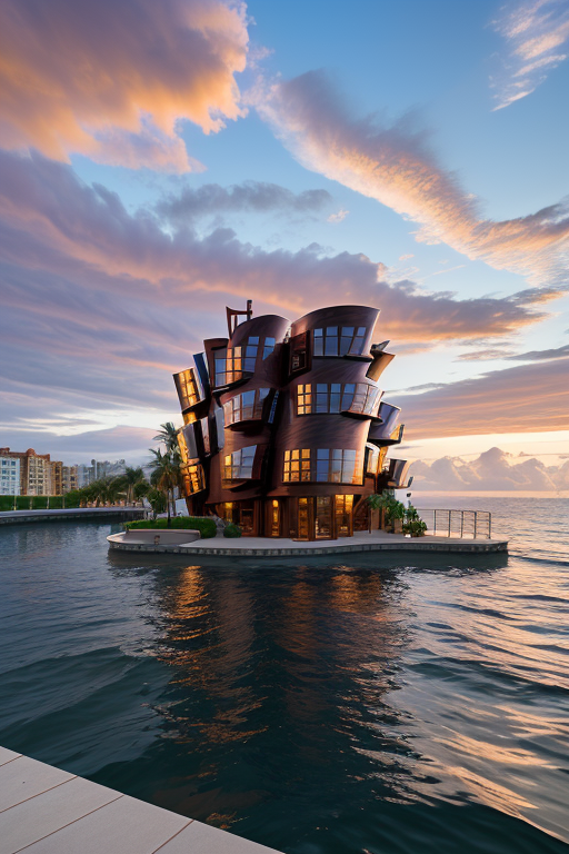 , Brownstone, designed by Frank Gehry, Neofuturist Architecture, sunset, in the ocean