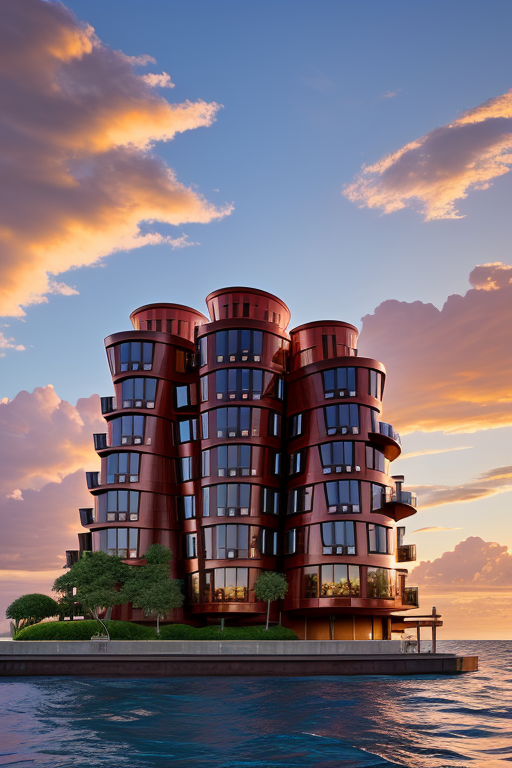 , Brownstone, designed by Frank Gehry, Neofuturist Architecture, sunset, in the ocean