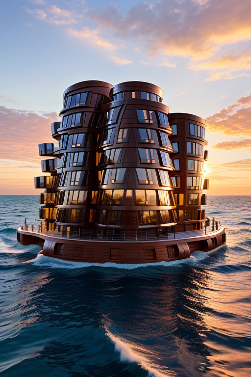 , Brownstone, designed by Frank Gehry, Neofuturist Architecture, sunset, in the ocean