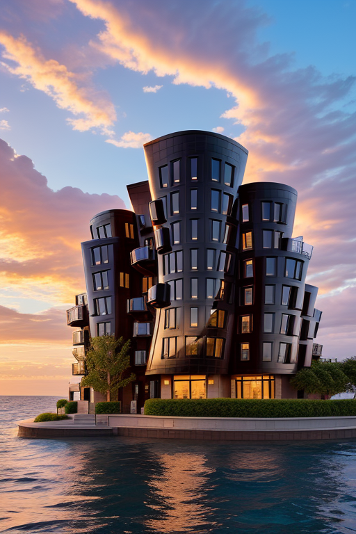 , Brownstone, designed by Frank Gehry, Neofuturist Architecture, sunset, in the ocean