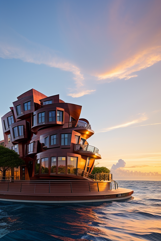 , Brownstone, designed by Frank Gehry, Neofuturist Architecture, sunset, in the ocean