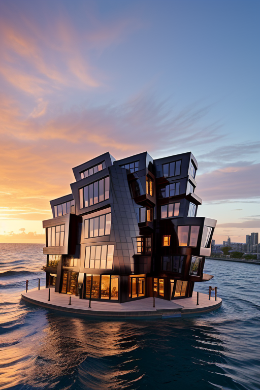 , Brownstone, designed by Frank Gehry, Neofuturist Architecture, sunset, in the ocean
