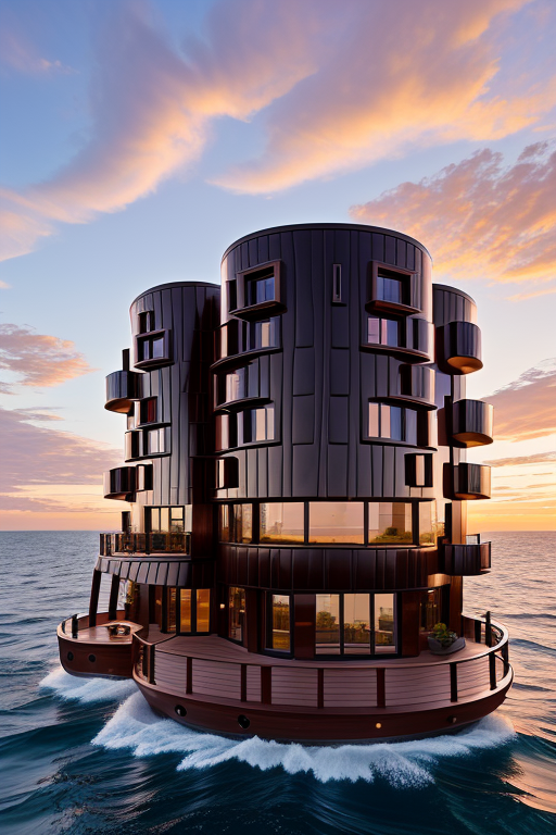 , Brownstone, designed by Frank Gehry, Neofuturist Architecture, sunset, in the ocean