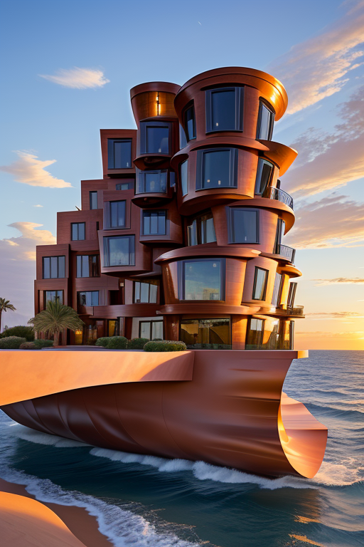 , Brownstone, designed by Frank Gehry, Neofuturist Architecture, sunset, in the ocean, in the desert, Parametric Architecture