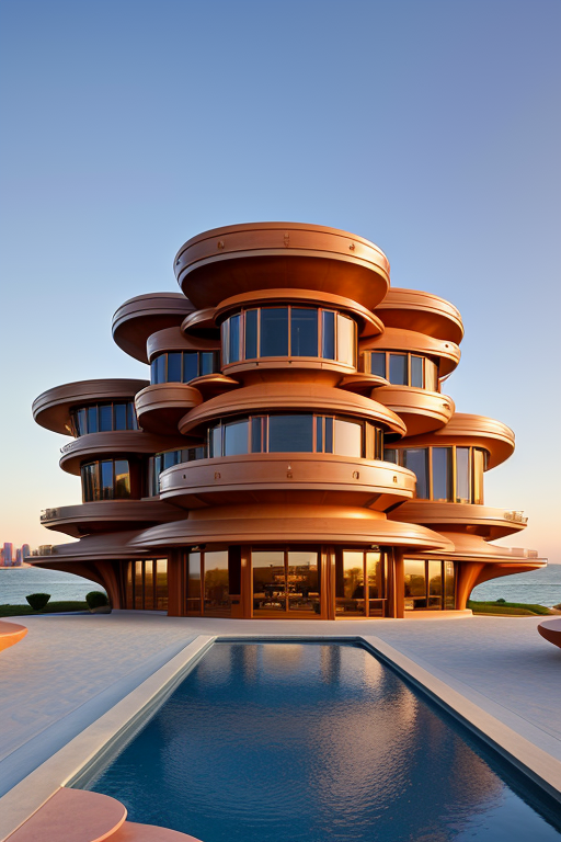 , Brownstone, designed by Frank Gehry, Neofuturist Architecture, sunset, in the ocean, in the desert, Parametric Architecture, designed by Philip Johnson, Art Nouveau Architecture, Mansion