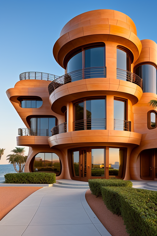 , Brownstone, designed by Frank Gehry, Neofuturist Architecture, sunset, in the ocean, in the desert, Parametric Architecture, designed by Philip Johnson, Art Nouveau Architecture, Mansion