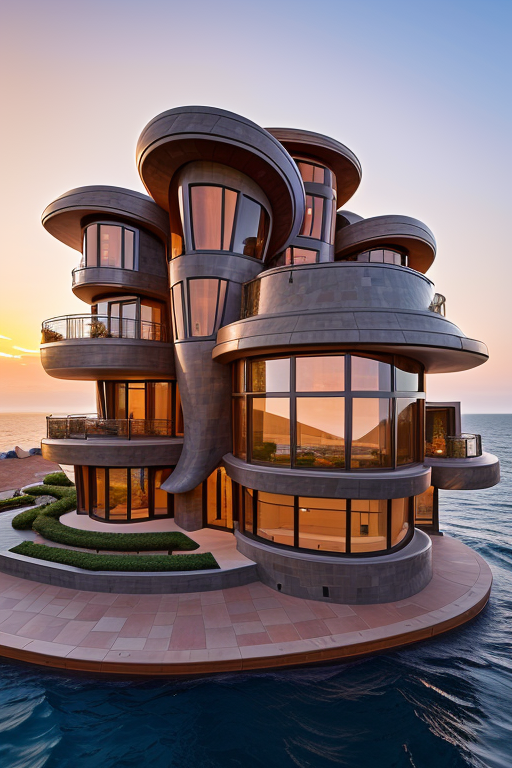 , Brownstone, designed by Frank Gehry, Neofuturist Architecture, sunset, in the ocean, in the desert, Parametric Architecture, designed by Philip Johnson, Art Nouveau Architecture, Mansion, in Barcelona