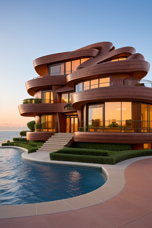 , Brownstone, designed by Frank Gehry, Neofuturist Architecture, sunset, in the ocean, in the desert, Parametric Architecture, designed by Philip Johnson, Art Nouveau Architecture, Mansion, in Barcelona
