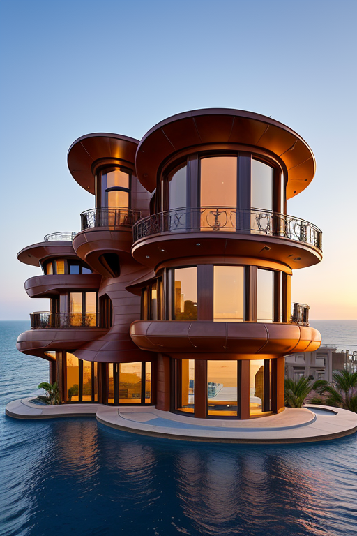 , Brownstone, designed by Frank Gehry, Neofuturist Architecture, sunset, in the ocean, in the desert, Parametric Architecture, designed by Philip Johnson, Art Nouveau Architecture, Mansion, in Barcelona