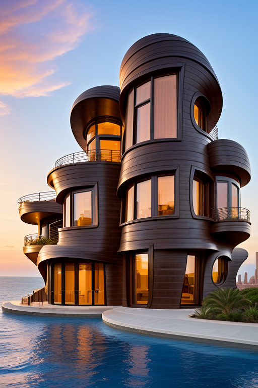 , Brownstone, designed by Frank Gehry, Neofuturist Architecture, sunset, in the ocean, in the desert, Parametric Architecture, designed by Philip Johnson, Art Nouveau Architecture, Mansion, in Barcelona