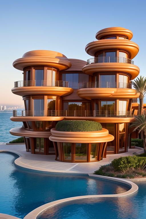 , Brownstone, designed by Frank Gehry, Neofuturist Architecture, sunset, in the ocean, in the desert, Parametric Architecture, designed by Philip Johnson, Art Nouveau Architecture, Mansion, in Barcelona, Hotel, designed by Norman Foster, Post-Modern Architecture