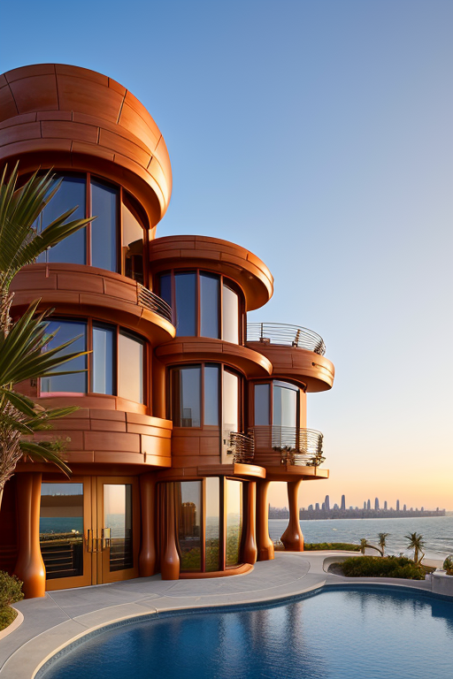 , Brownstone, designed by Frank Gehry, Neofuturist Architecture, sunset, in the ocean, in the desert, Parametric Architecture, designed by Philip Johnson, Art Nouveau Architecture, Mansion, in Barcelona, Hotel, designed by Norman Foster, Post-Modern Architecture