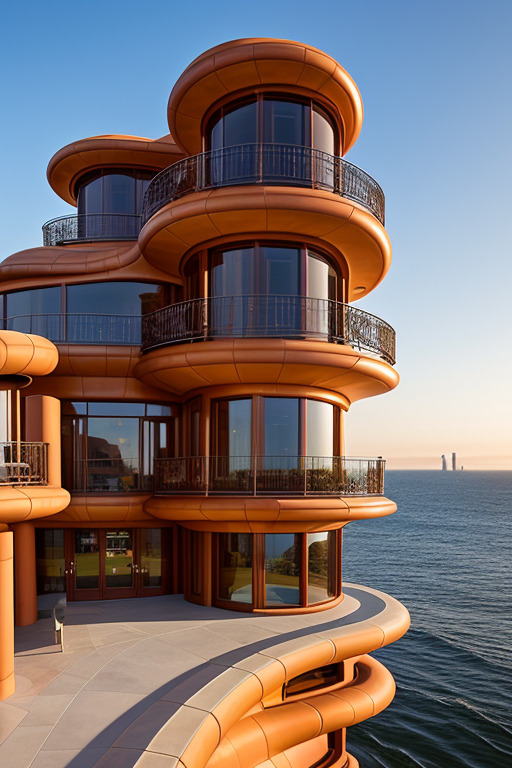 , Brownstone, designed by Frank Gehry, Neofuturist Architecture, sunset, in the ocean, in the desert, Parametric Architecture, designed by Philip Johnson, Art Nouveau Architecture, Mansion, in Barcelona, Hotel, designed by Norman Foster, Post-Modern Architecture