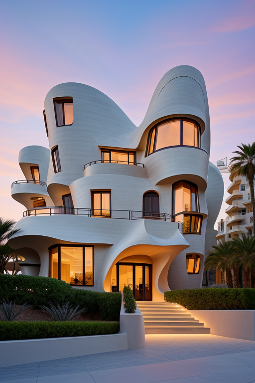 , Brownstone, designed by Frank Gehry, Neofuturist Architecture, sunset, in the ocean, in the desert, Parametric Architecture, designed by Philip Johnson, Art Nouveau Architecture, Mansion, in Barcelona, Hotel, designed by Norman Foster, Post-Modern Architecture, morning