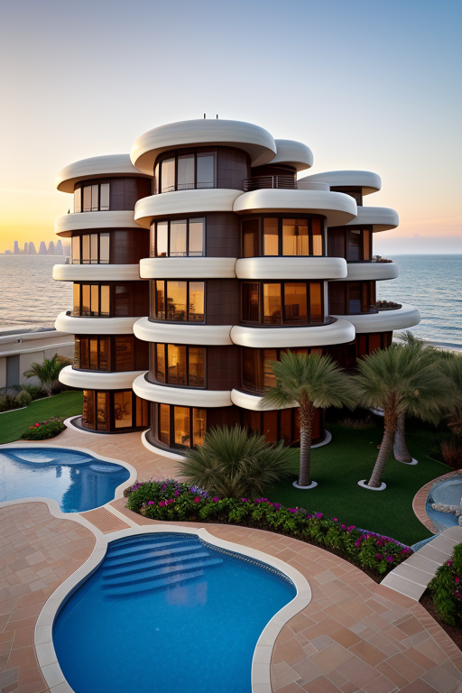 , Brownstone, designed by Frank Gehry, Neofuturist Architecture, sunset, in the ocean, in the desert, Parametric Architecture, designed by Philip Johnson, Art Nouveau Architecture, Mansion, in Barcelona, Hotel, designed by Norman Foster, Post-Modern Architecture, morning