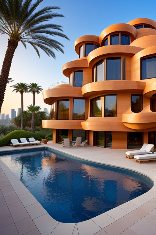 , Brownstone, designed by Frank Gehry, Neofuturist Architecture, sunset, in the ocean, in the desert, Parametric Architecture, designed by Philip Johnson, Art Nouveau Architecture, Mansion, in Barcelona, Hotel, designed by Norman Foster, Post-Modern Architecture, morning