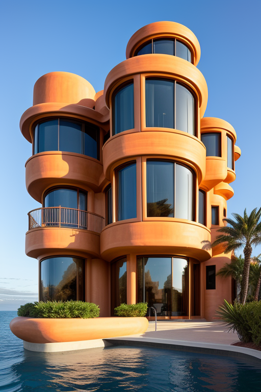 , Brownstone, designed by Frank Gehry, Neofuturist Architecture, sunset, in the ocean, in the desert, Parametric Architecture, designed by Philip Johnson, Art Nouveau Architecture, Mansion, in Barcelona, Hotel, designed by Norman Foster, Post-Modern Architecture, morning