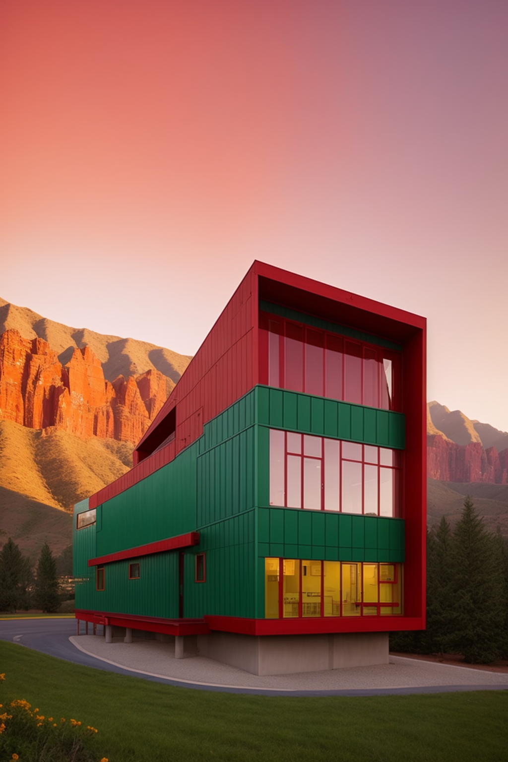 Office in red, yellow, blue, and green, Bauhaus Architecture, morning, in the red mountains , beautiful building, Ultra hd, editorial, iso 400, 8k, full frame, landscape, beautiful building, Ultra hd, editorial, iso 400, 8k, full frame, landscape