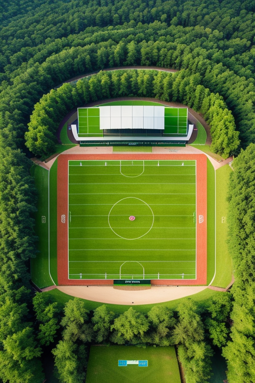 bird eye view of Football pitch in the middle of rice field, Stadium, in the forest