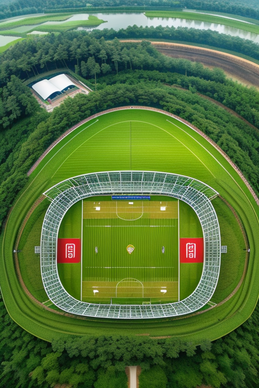 bird eye view of Football pitch in the middle of rice field, Stadium, in the forest