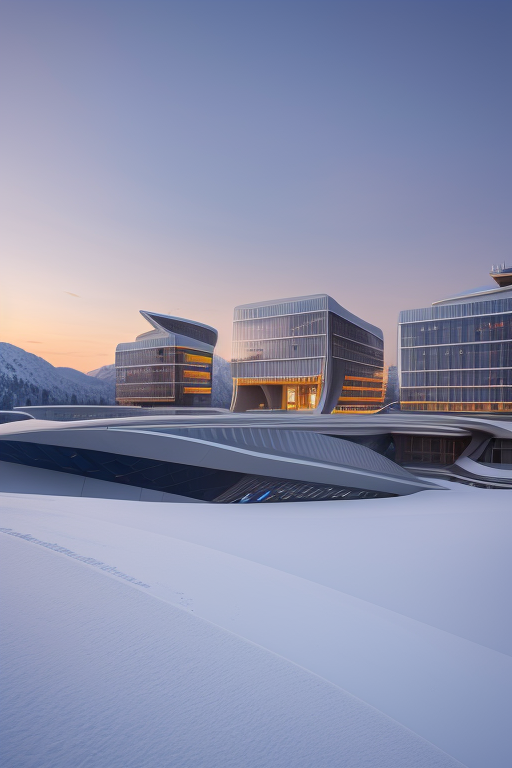 , Building, Skyscraper, School, designed by Zaha Hadid, Constructivism Architecture, morning, in the mountains