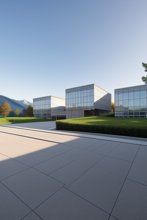, School, designed by Mies Van der Rohe, Modern Architecture, morning, in the mountains