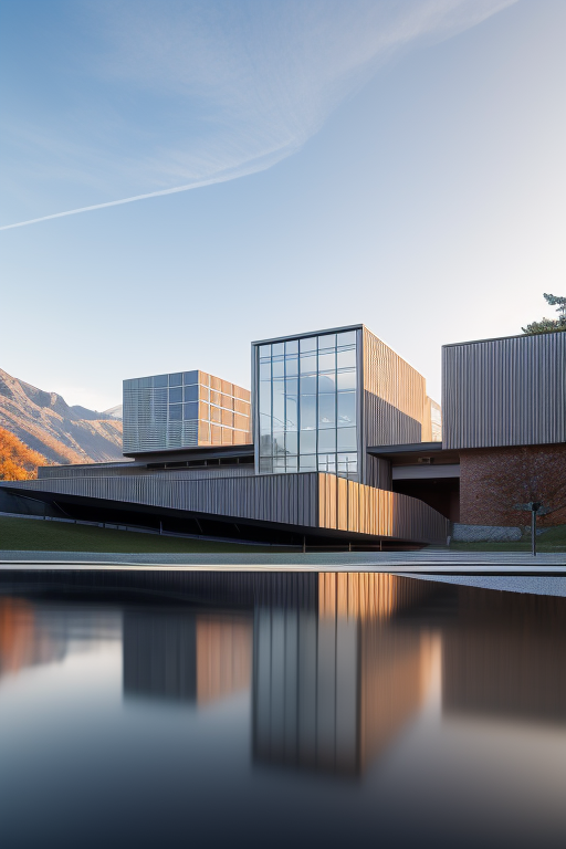 , School, designed by Mies Van der Rohe, Modern Architecture, morning, in the mountains