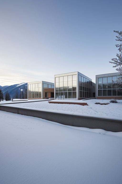 , School, designed by Mies Van der Rohe, Modern Architecture, morning, in the mountains
