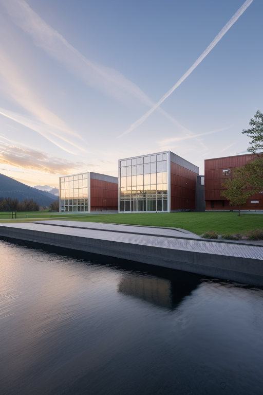 , School, designed by Mies Van der Rohe, Modern Architecture, morning, in the mountains