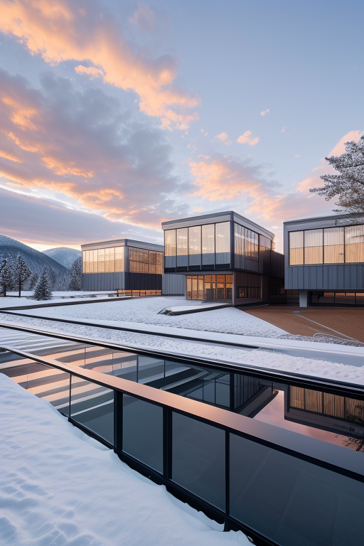 , School, designed by Mies Van der Rohe, Modern Architecture, morning, in the mountains