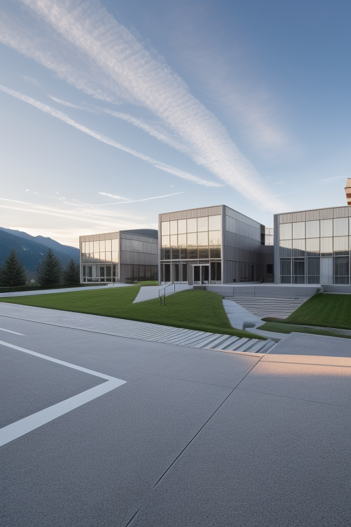 , School, designed by Mies Van der Rohe, Modern Architecture, morning, in the mountains