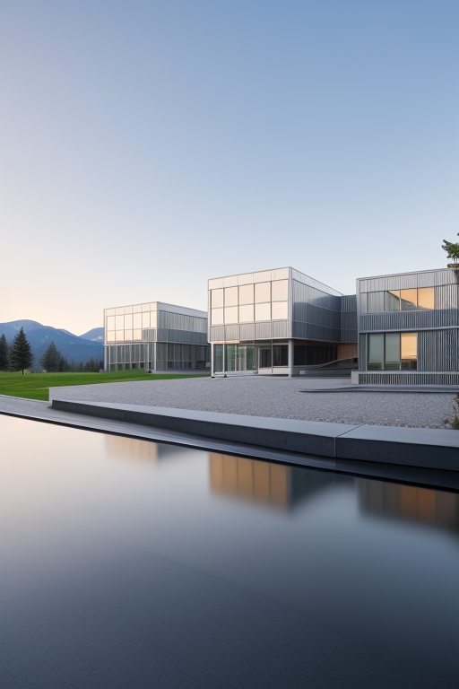 , School, designed by Mies Van der Rohe, Modern Architecture, morning, in the mountains