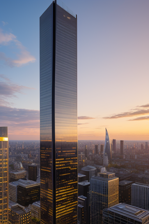 , Skyscraper, designed by Philip Johnson, Neofuturist Architecture, sunset, in London