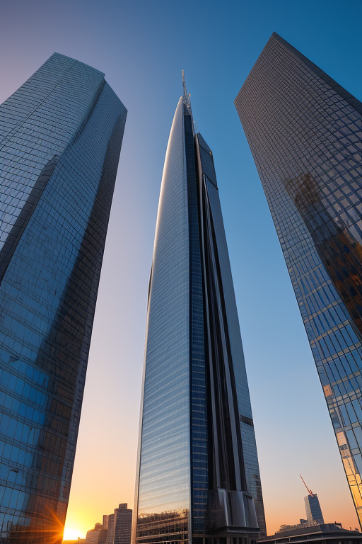 , Skyscraper, designed by Philip Johnson, Neofuturist Architecture, sunset, in London
