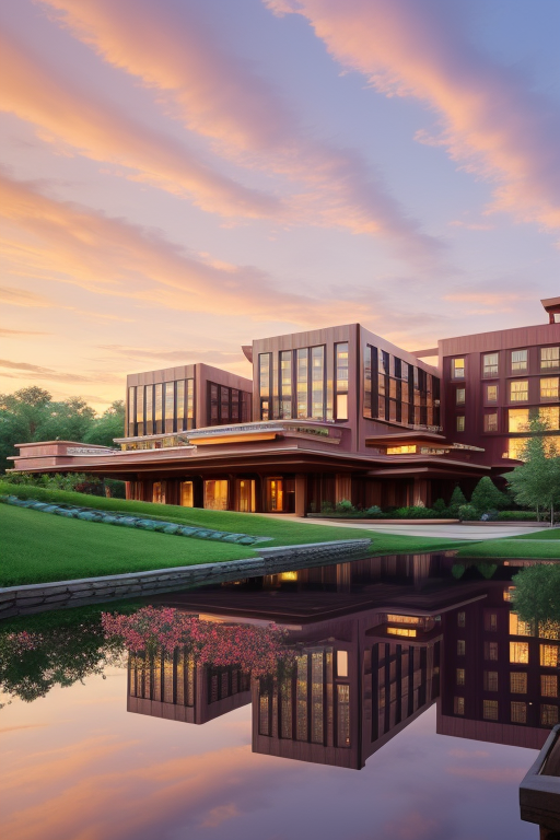, Hotel, Townhouse, Hotel, designed by Frank Lloyd Wright, Post-Modern Architecture, morning, in the forest