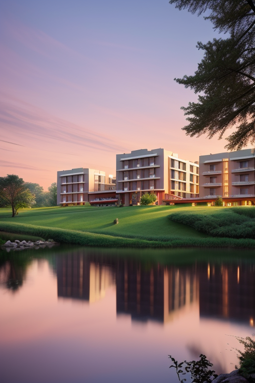 , Hotel, Townhouse, Hotel, designed by Frank Lloyd Wright, Post-Modern Architecture, morning, in the forest